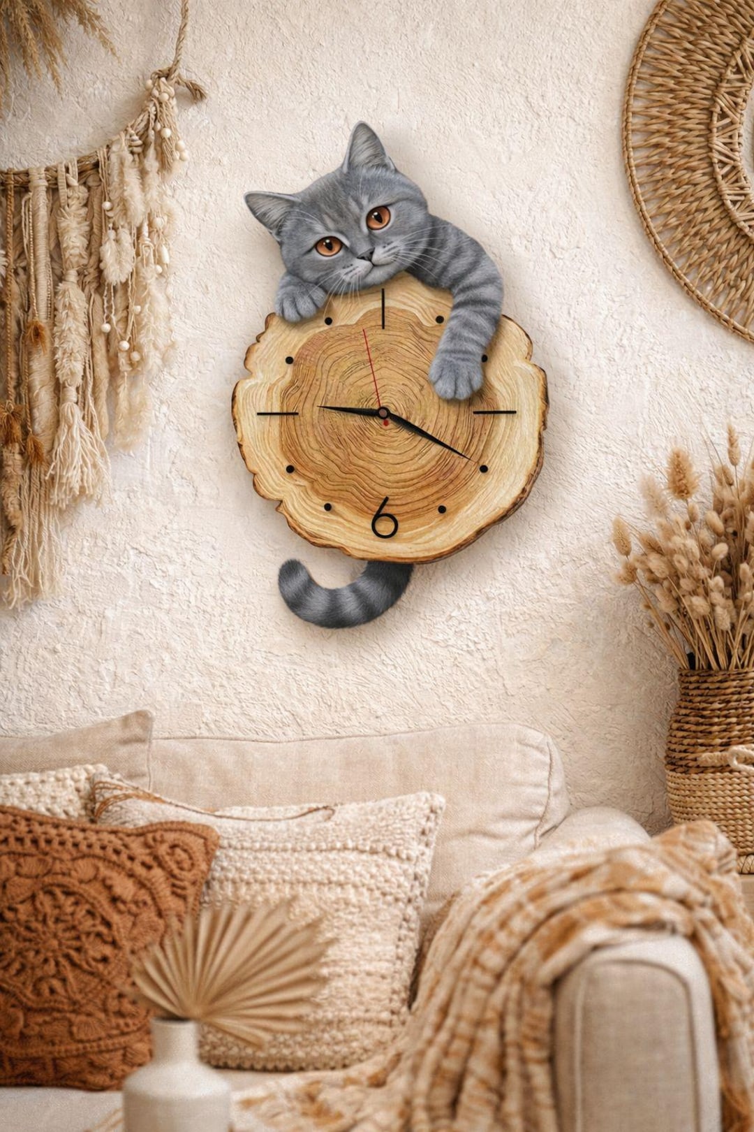 Rustic Cat Clock Cute Cat Wall Clock, Wooden Cat Clock, Handmade Wood Wall Clock, Cat ...