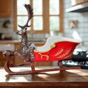 Reindeer Sleigh Wine Bottle Holder, Christmas Wine Rack, Holiday Table Decor, Red & Gold Festive Bar Accessory, Santa Sleigh Gift