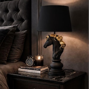 Royal Horse Table Lamp – Black & Gold Luxury Bedside Lamp, Majestic Horse Head Decor, Classic Gothic Home Lighting