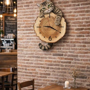 Cute Cat Wall Clock, Wooden Cat Clock, Handmade Wood Wall Clock, Cat Lover Gift, Nursery Wall Decor, Silent Quartz Clock