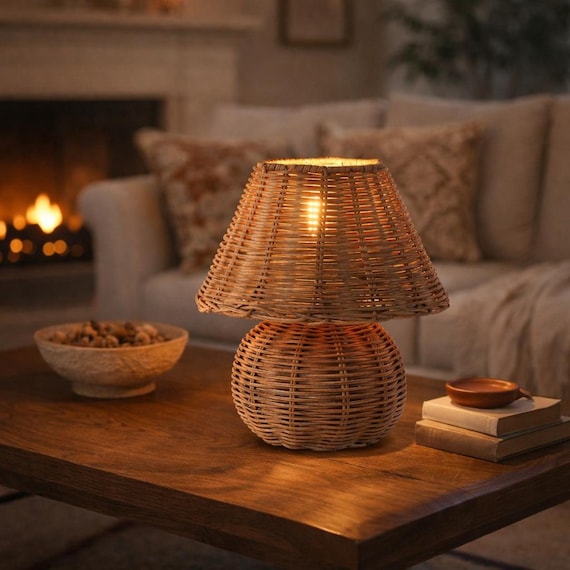 Wicker Table Lamp with Natural Rattan Shade, 9.8 in Tall, Boho Bedside Lamp, Warm Ambient Light, Rustic Home Decor
