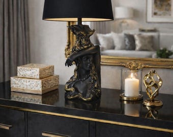 Art Sculpture Table Lamp, Woman Statue Lamp with Black Shade, Artistic Statement Lighting, Modern Luxury Home Decor Lamp