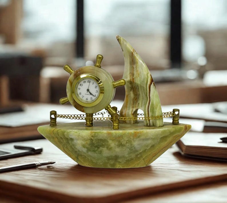 Sailboat Rocking Clock Hand-carved Onyx Sailboat Desk Clock – Natural Stone Nautical Decor ...