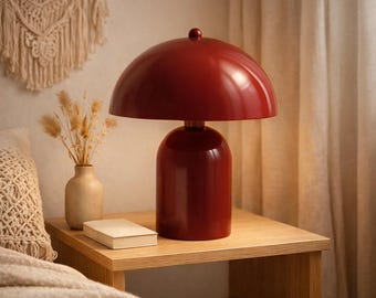 Lámpara de mesa de metal rojo – Lámpara moderna con forma de hongo – Lámpara de noche retro – Lámpara de escritorio de diseño minimalista – Iluminación ambiental para el hogar
