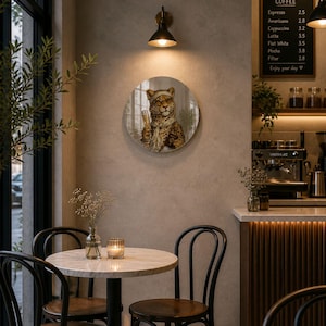 Peut inclure: Une œuvre d'art murale ronde représentant un léopard portant une écharpe et un bandeau, tenant une flûte de champagne. L'image est dans un café avec une table en marbre, des chaises noires et un menu de café. Le menu affiche les prix du café.