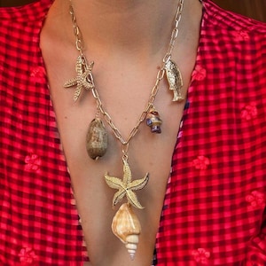 Gold Charm Ocean Necklace with Shell, Starfish & Fish – Nautical Statement Jewelry
