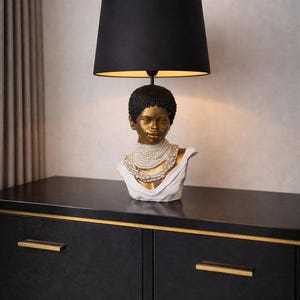 African Bust Table Lamp, Statue Sculpture Lamp with Black Shade, Artistic Tribal Decor Lighting, Luxury Statement Bedroom Lamp