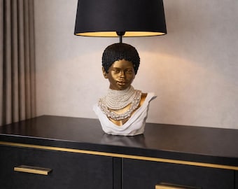 African Bust Table Lamp, Statue Sculpture Lamp with Black Shade, Artistic Tribal Decor Lighting, Luxury Statement Bedroom Lamp