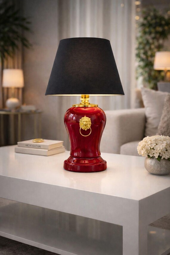 Luxury Red Ceramic Table Lamp with Black Shade – Elegant Bedside Lamp, Classic Luxury Home Decor, Statement Table Lighting / Lion Table Lamp