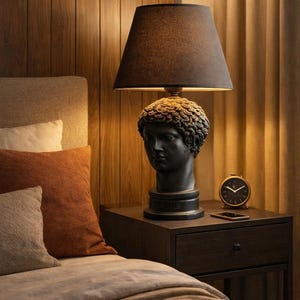 Puede incluir: Una lámpara de mesa negra con pantalla, con un busto de una figura clásica. La lámpara está sobre una mesita de noche marrón oscuro junto a una cama con almohadas y una manta. Un pequeño reloj y un teléfono también están en la mesita.