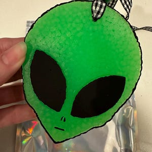 May include: A green alien-shaped ornament with large black eyes and a small mouth. The ornament has a textured surface and is trimmed in black. It is suspended by a black and white checkered ribbon and a green bead. The ornament is held over a silver holographic bag.