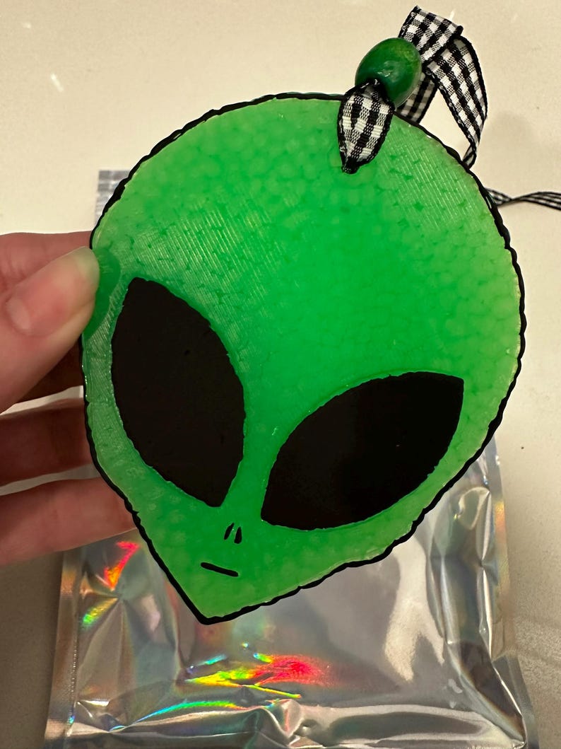 May include: A green alien-shaped ornament with large black eyes and a small mouth. The ornament has a textured surface and is trimmed in black. It is suspended by a black and white checkered ribbon and a green bead. The ornament is held over a silver holographic bag.