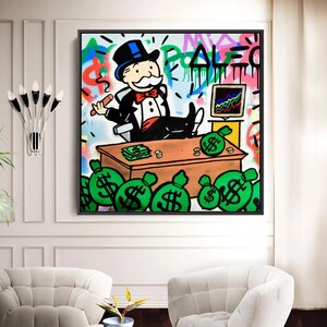 Stampa artistica da parete su tela con graffiti "Monopoly Boss Money Bags", per ufficio, sala giochi o arredamento moderno e ricco di street pop.