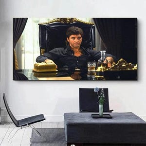 Scarface Tony Montana, scène de bureau, toile d'art mural, impression de film de gangsters classique pour maison urbaine moderne et décoration des cavernes