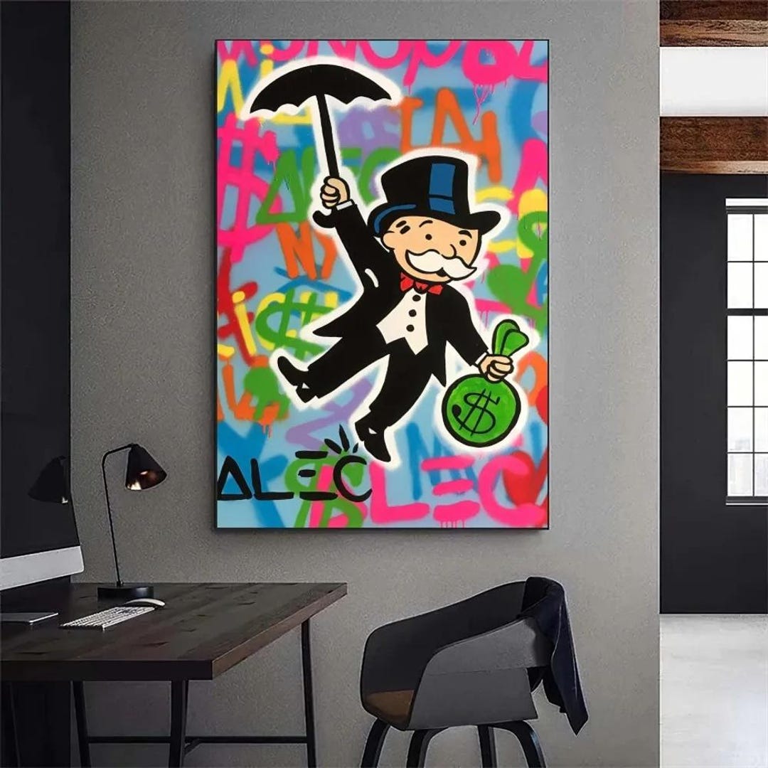 Monopoly Man Graffiti Canvas Wall Art With Money Bag and Umbrella ...