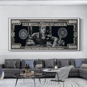 Fototapeta na płótnie z motywem banknotu dolarowego „Bliźniak” z czarno-srebrną sceną z filmu gangsterskiego Tony&#39;ego Montany do nowoczesnego, miejskiego wystroju domu