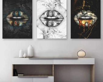Lienzo de lujo con diseño de labios y dinero, arte de pared, glamuroso, pop art, póster de labios de dólar para dormitorio, oficina o decoración moderna de sala de estar.