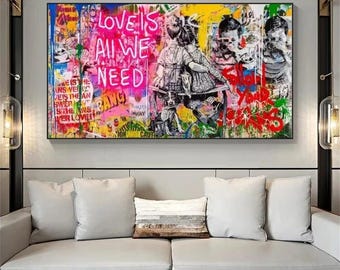 Banksy Graffiti Artist Love Is All We Need Impression Sur Toile Tableau Pop Art Street Art Pochoir Street Artist Affiche Photo Murale Decoration Salon