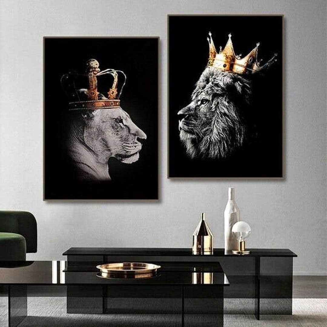 Lion and Lioness King Queen Crown Canvas Wall Art Black and Gold Animal ...