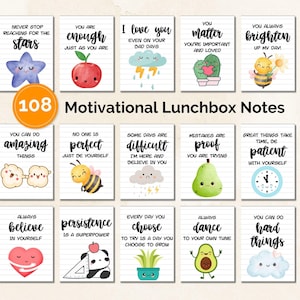 Puede incluir: Un conjunto de 108 notas motivacionales para loncheras. Cada tarjeta presenta un mensaje inspirador diferente con ilustraciones coloridas, incluyendo una estrella, una manzana, una nube, un cactus, una abeja y un aguacate. Las tarjetas tienen un fondo de papel rayado.