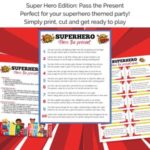 May include: A "Pass the Present" game for a superhero-themed party. The set includes instructions and cards with rhyming clues. The design features a red and blue colour scheme with superhero graphics and text.