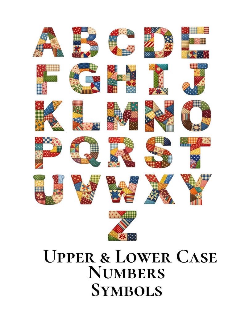 Patchwork Quilt Alphabet Clipart, 96 PNG Letters & Numbers, Uppercase ...