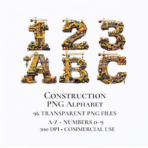 Puede incluir: Ilustración digital de los números 1, 2 y 3, y las letras A, B y C, cada uno construido con vehículos de construcción amarillos y negros. La imagen incluye el texto "CONSTRUCTION PNG ALPHABET".