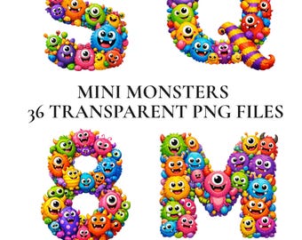 Imágenes prediseñadas del alfabeto de mini monstruos, lindo conjunto de letras PNG coloridas para niños, divertidas imágenes prediseñadas de cumpleaños de monstruos para Cricut, letras digitales de dibujos animados arcoíris