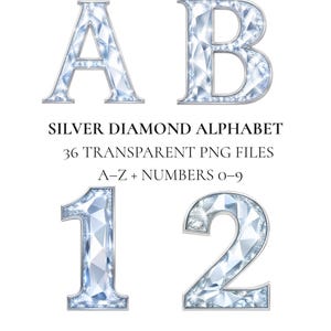May include: Image features the letters A and B, and the numbers 1 and 2, all rendered in a silver diamond design. Text reads "SILVER DIAMOND ALPHABET" and "36 TRANSPARENT PNG FILES A-Z + NUMBERS 0-9". The image also states "300 DPI • COMMERCIAL USE".