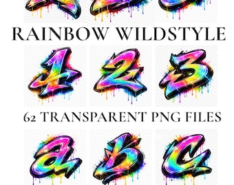 Imágenes prediseñadas del alfabeto de graffiti estilo salvaje arcoíris, conjunto de letras PNG de neón, fuente colorida de arte callejero para Cricut, letras de graffiti con efecto goteo de la A a la Z