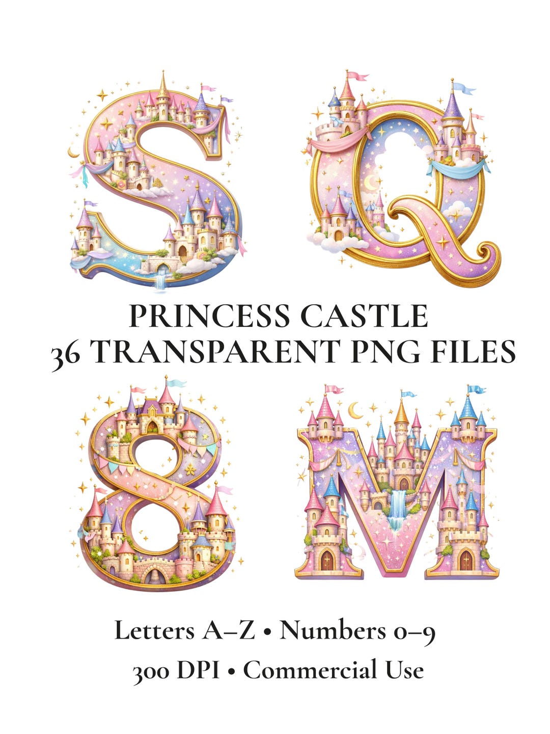 Princess Castle Alphabet Clipart, Fairy Tale Letter PNG Set, Magical ...