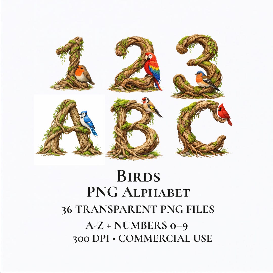 Birds Alphabet PNG, Woodland Letter Alphabet, Tree & Vine Letters ...