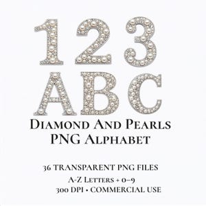Diamond Pearl Alphabet PNG Bundle A-Z 0-9, Luxury Letter Clipart, Wedding Font, Elegant Monogram Letters, 36 PNG