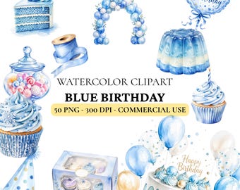 Paquete de imágenes prediseñadas de cumpleaños azules (50 PNG) / Imágenes prediseñadas de cumpleaños en acuarela color bígaro / Set para fiestas / Imágenes prediseñadas de cumpleaños en formato PNG para Cricut