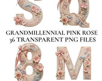 Imágenes prediseñadas del alfabeto de rosas rosadas Grandmillennial, conjunto de letras PNG de encaje floral vintage, letras de lazo de rosa shabby chic para Cricut