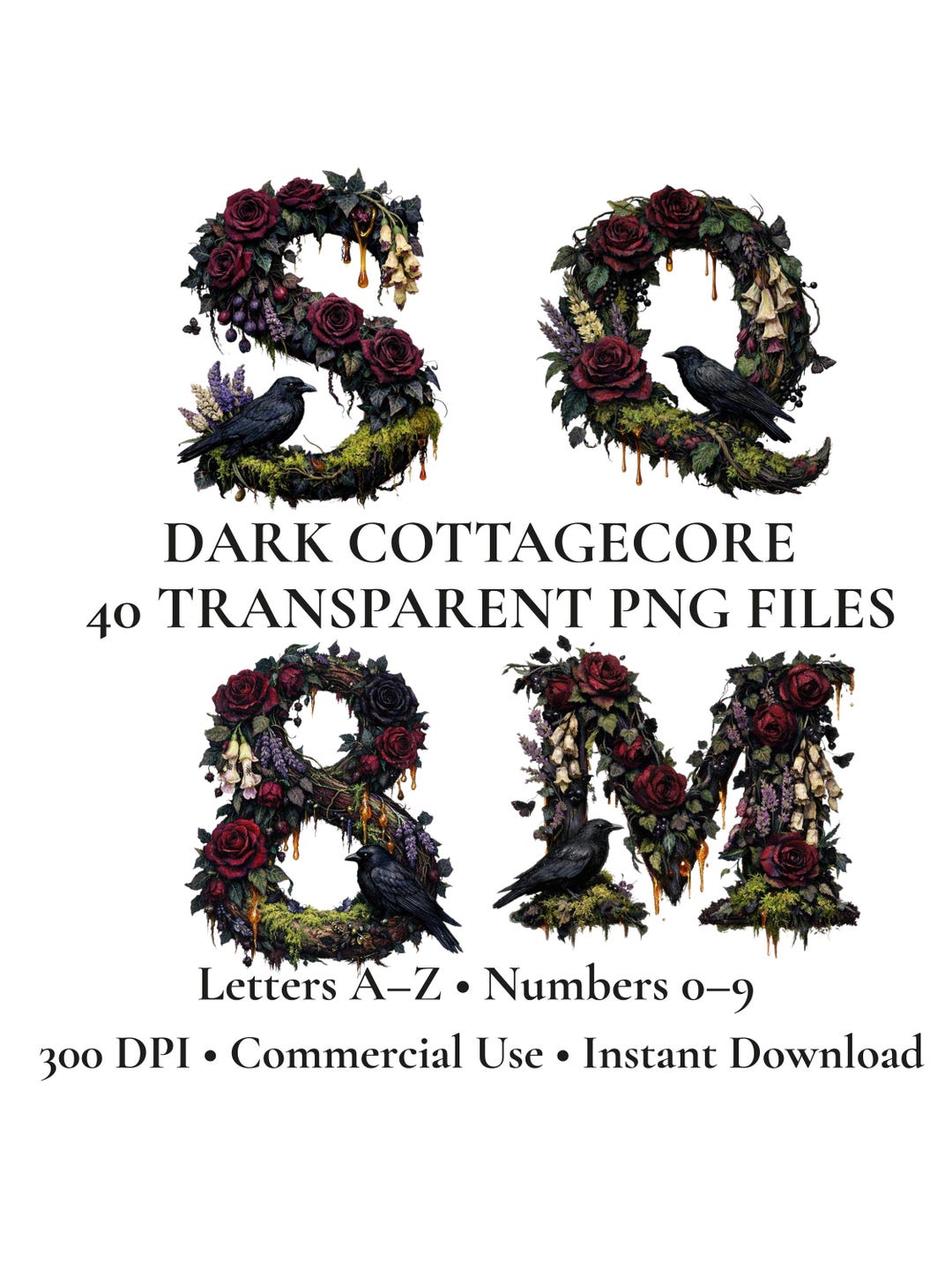 Dark Cottagecore Alphabet Clipart, Gothic Floral Letter PNG Set, Dark ...