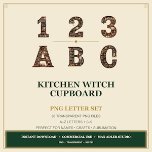 Puede incluir: Un conjunto gráfico digital que presenta los números 1, 2, 3 y las letras A, B, C rellenos con imágenes de armarios de cocina en miniatura. El texto dice KITCHEN WITCH CUPBOARD PNG LETTER SET, 36 TRANSPARENT PNG FILES, A-Z LETTERS + 0-9.
