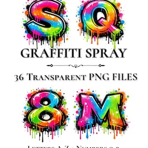 Graffiti Alphabet PNG Bundle A-Z Letters & Numbers 0-9, Spray Paint Font Clipart, Street Art Drip Letter Set, Sublimation Craft Graphics