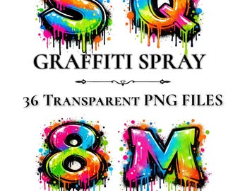 Paquete PNG de alfabeto de grafiti (A-Z, letras y números del 0 al 9), fuente de pintura en aerosol, juego de letras de arte callejero, gráficos de sublimación