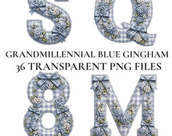 Imágenes prediseñadas del alfabeto de cuadros azules Grandmillennial, conjunto de letras PNG con lazo de hortensia, letras de cuadros azules florales para Cricut