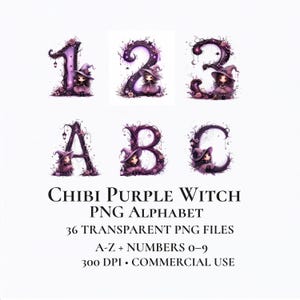 May include: A digital graphic set featuring the numbers 1, 2, 3 and letters A, B, C decorated with purple vines, roses, and a small witch character. The text reads: CHIBI PURPLE WITCH PNG ALPHABET, 36 TRANSPARENT PNG FILES, A-Z + NUMBERS 0-9, 300 DPI, COMMERCIAL USE.