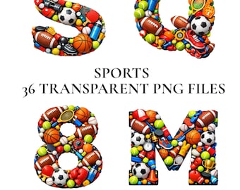 Imágenes prediseñadas del alfabeto deportivo, conjunto PNG de letras deportivas para niños, imágenes prediseñadas de fútbol, baloncesto y fútbol para Cricut, letras digitales deportivas coloridas
