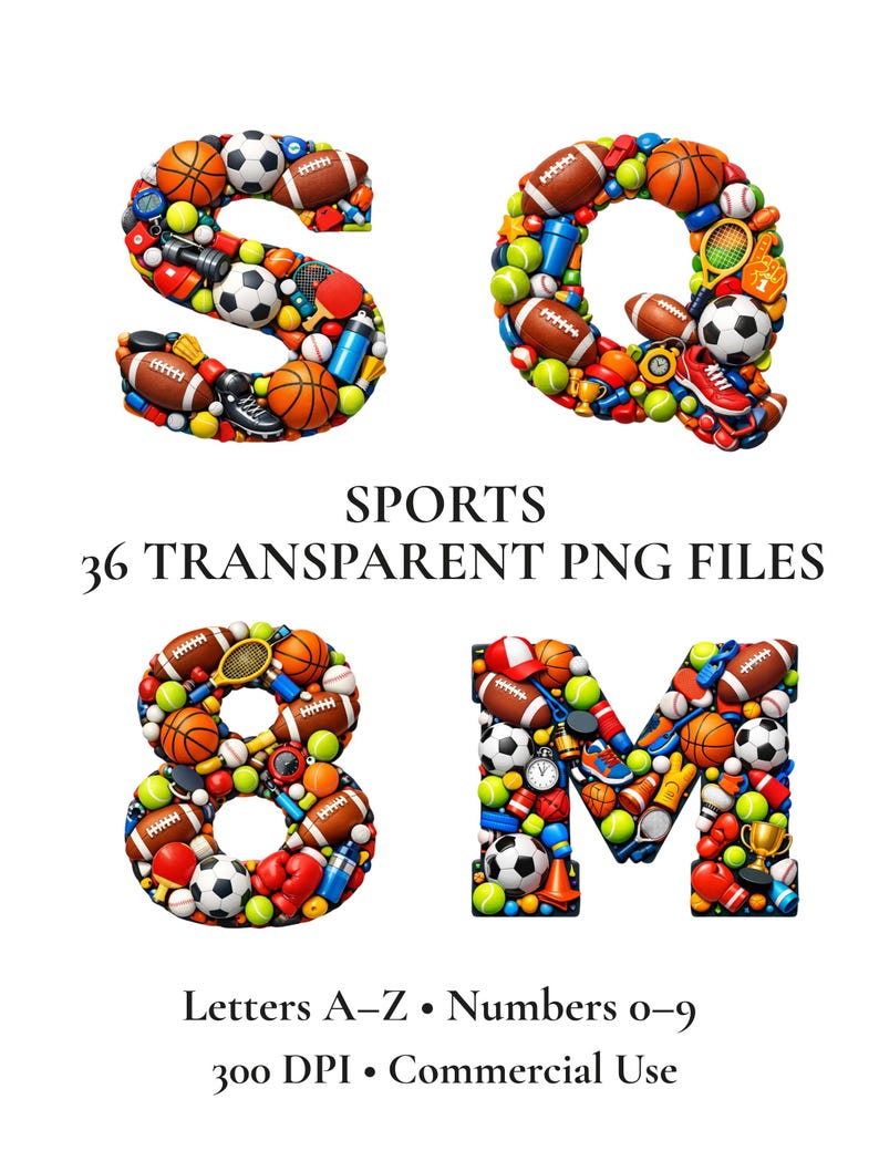 Sports Alphabet Clipart, Kids Multi Sport Letter PNG Set, Football ...