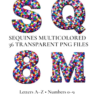 Può includere: Immagine delle lettere "SQ" e dei numeri "8M" riempiti di paillettes multicolori. L'immagine include anche il testo "SEQUINES MULTICOLORED 36 TRANSPARENT PNG FILES Letters A-Z • Numbers 0-9 300 DPI • Commercial Use".