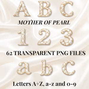 May include: Digital alphabet and number set in a mother-of-pearl design with gold trim. The image includes uppercase letters A, B, and C, numbers 1, 2, and 3, and lowercase letters a, b, and c. Text reads "MOTHER OF PEARL", "62 TRANSPARENT PNG FILES", and "Letters A+Z, a-z and 0-9".