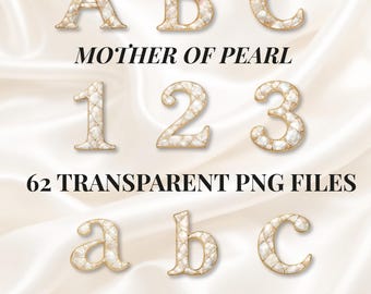 Alfabeto de nácar PNG A-Z a-z 0-9, letras de monograma de boda, clipart de fuente de concha de lujo, decoración nupcial, paquete de 62 PNG