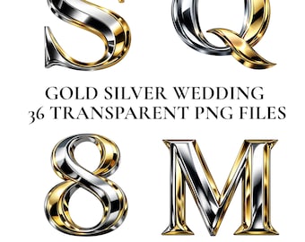 Gold Silver Metallic Alphabet Clipart, Luxury Wedding Letter PNG Set, Chrome Monogram Clipart for Cricut, Elegant 3D Digital Letters