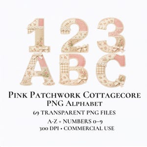 May include: Pink patchwork alphabet and numbers, including 1, 2, 3, A, B, and C. Each letter and number features a floral pattern with pink accents and lace trim. The image also includes the text "Pink Patchwork Cottagecore PNG Alphabet".