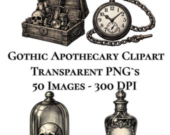 ゴシック調薬局のクリップアートバンドル、ダークアカデミアPNGセット、ビクトリア朝の骨董品イラスト、ジャンクジャーナルのエフェメラ、スカルクリップアート