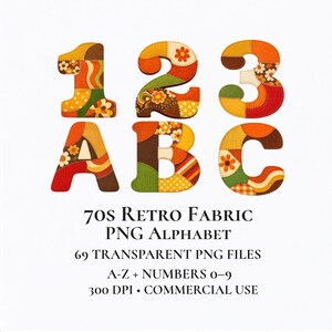 Op de afbeelding: Kleurrijke patchwork stoffen letters en cijfers, waaronder 1, 2, 3, A, B en C. Het ontwerp heeft een retro jaren 70-stijl met bloemen- en geometrische patronen in tinten oranje, bruin en geel. De afbeelding bevat ook de tekst "70s Retro Fabric PNG Alphabet".